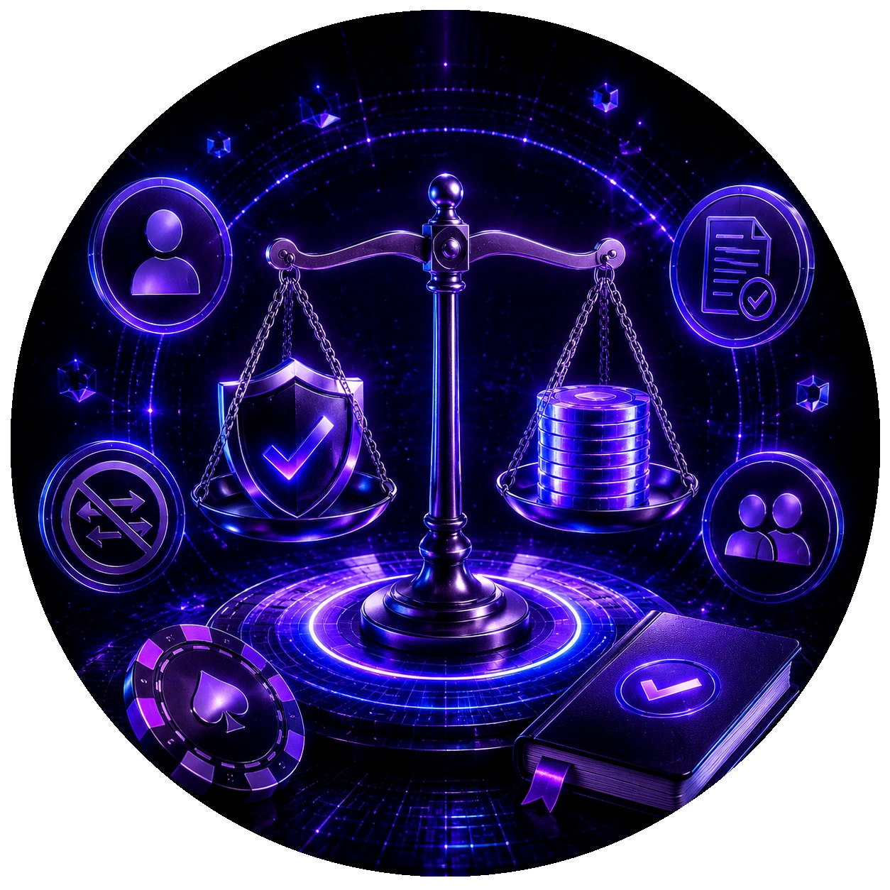 WPT Global justice scales shield coins fairplay book circle