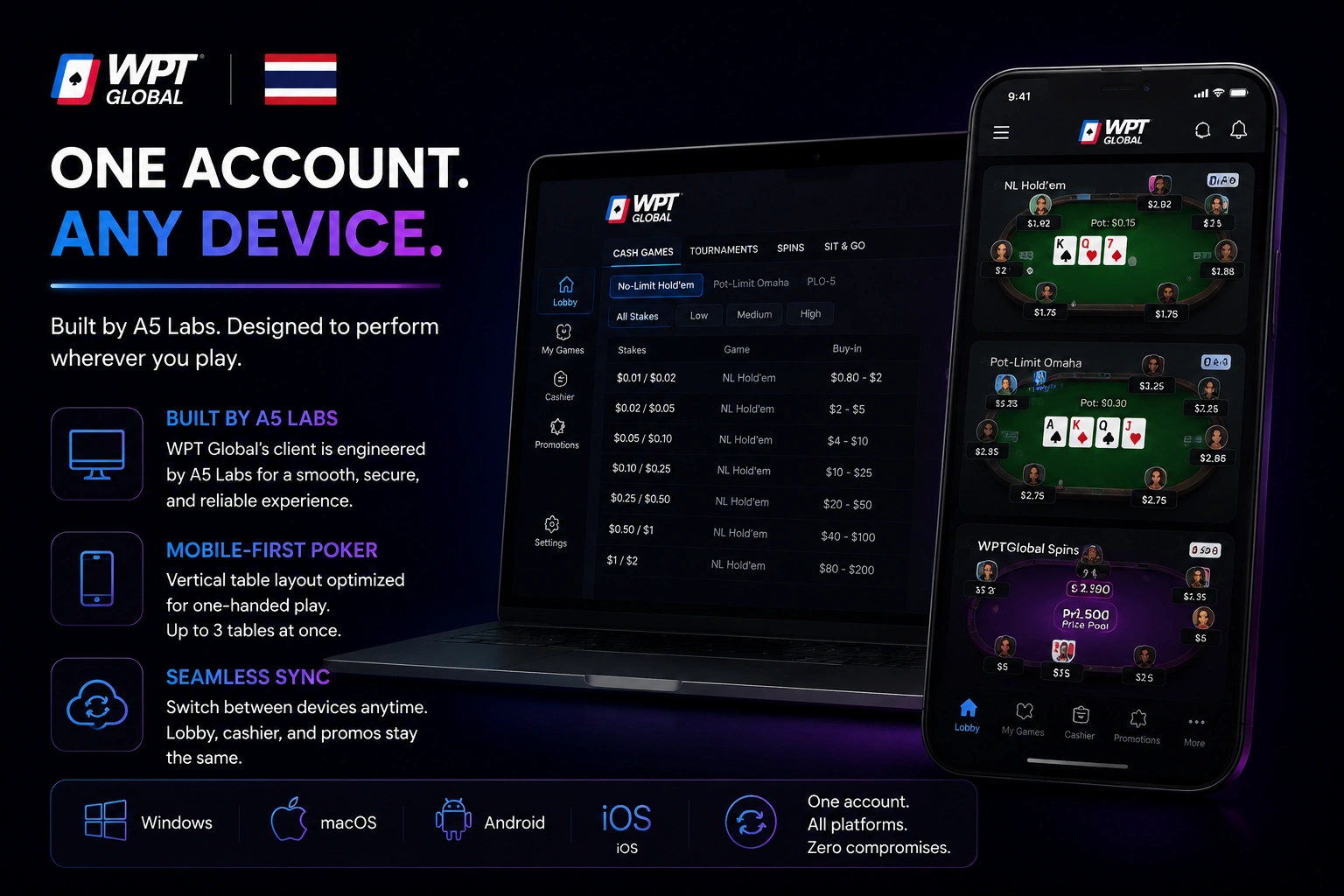 WPT Global Thailand one account laptop mobile sync all platforms